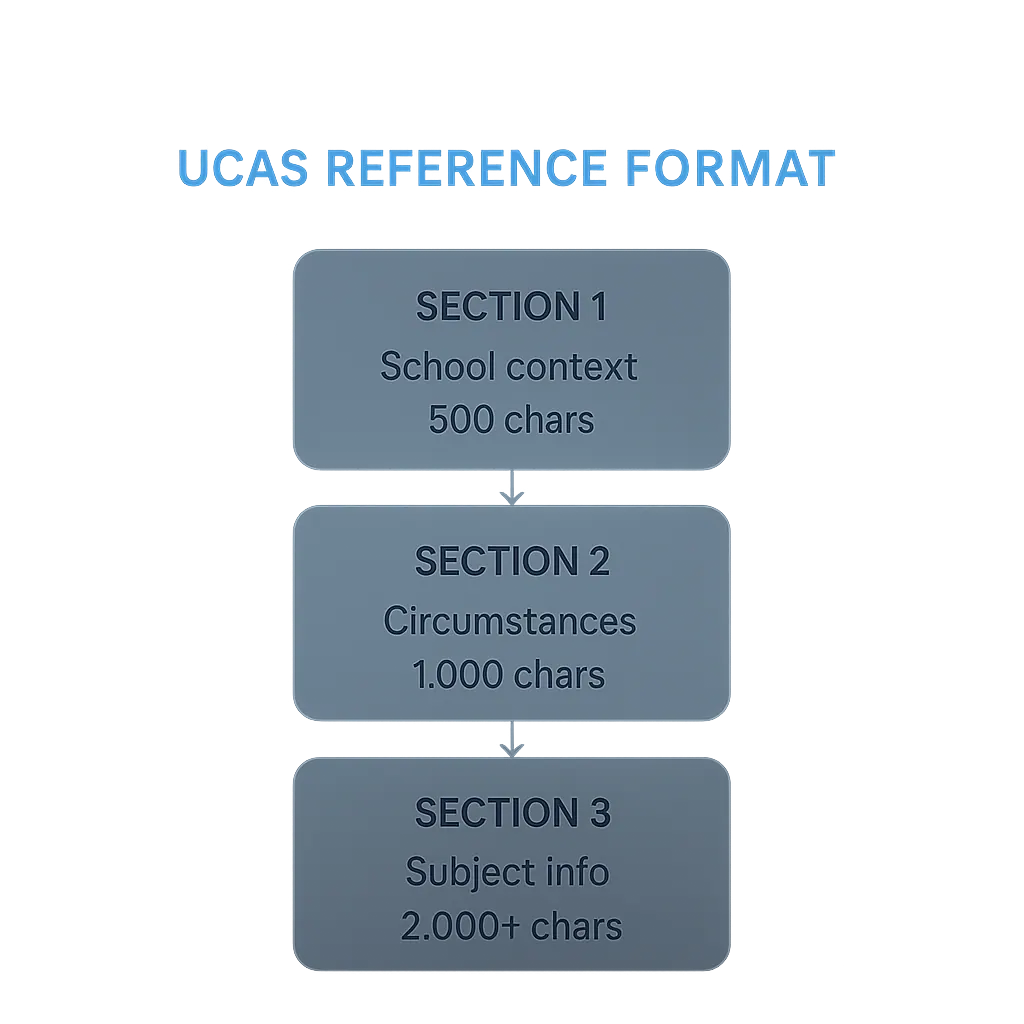 Diagram showing the three sections of the UCAS reference format with character guidance for each section