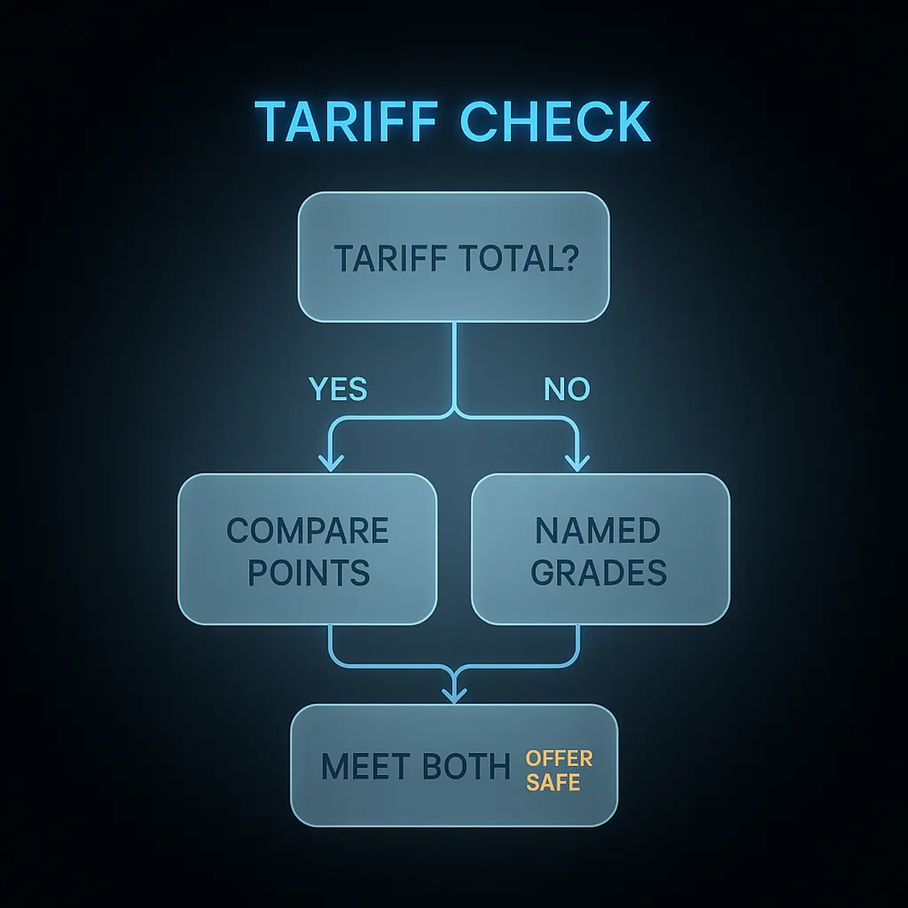 Flowchart showing how to check UCAS tariff points offer against named grade requirements for university entry