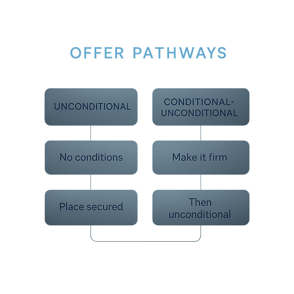 Flowchart comparing fully unconditional offer versus conditional-unconditional offer pathways in UK university admissions