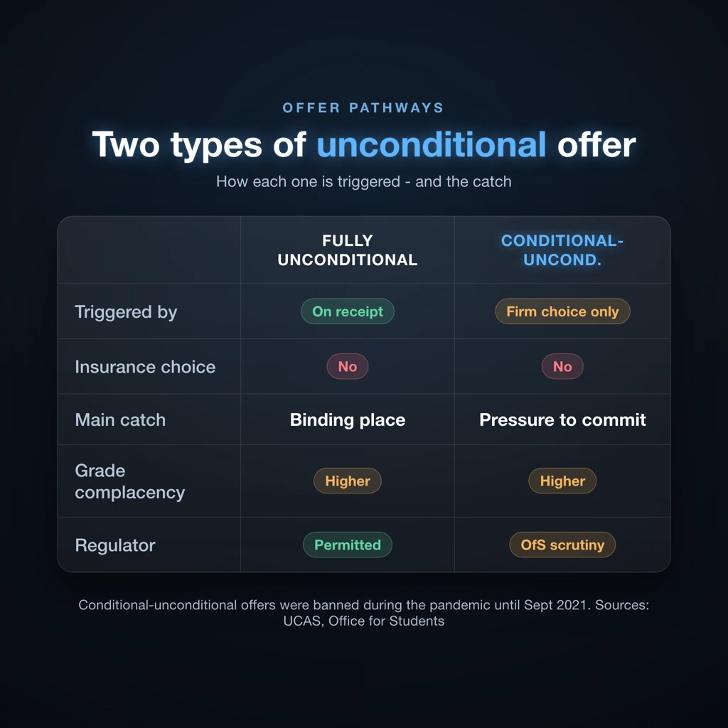 Flowchart comparing fully unconditional offer versus conditional-unconditional offer pathways in UK university admissions