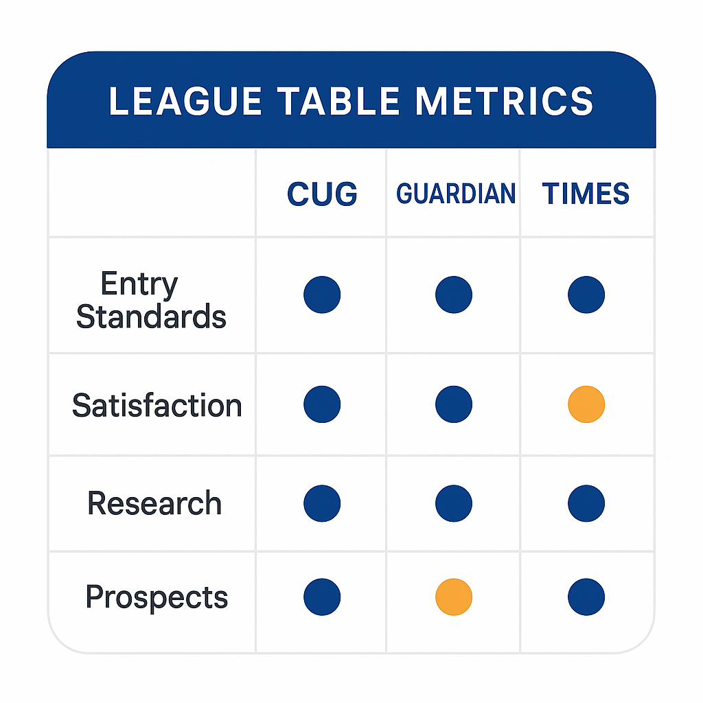 Comparison grid of university league table metrics showing how Complete University Guide Guardian and Times weight entry standards research quality and student satisfaction