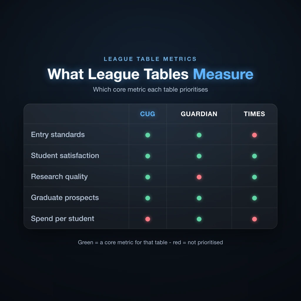 Comparison grid of university league table metrics showing how Complete University Guide Guardian and Times weight entry standards research quality and student satisfaction