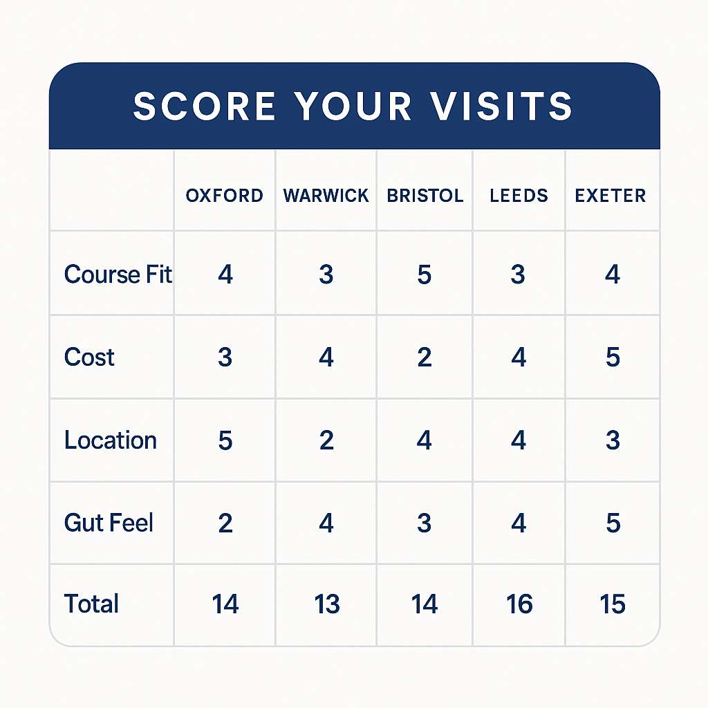 University open days scoring grid comparing five universities across course fit, cost, location and gut feel