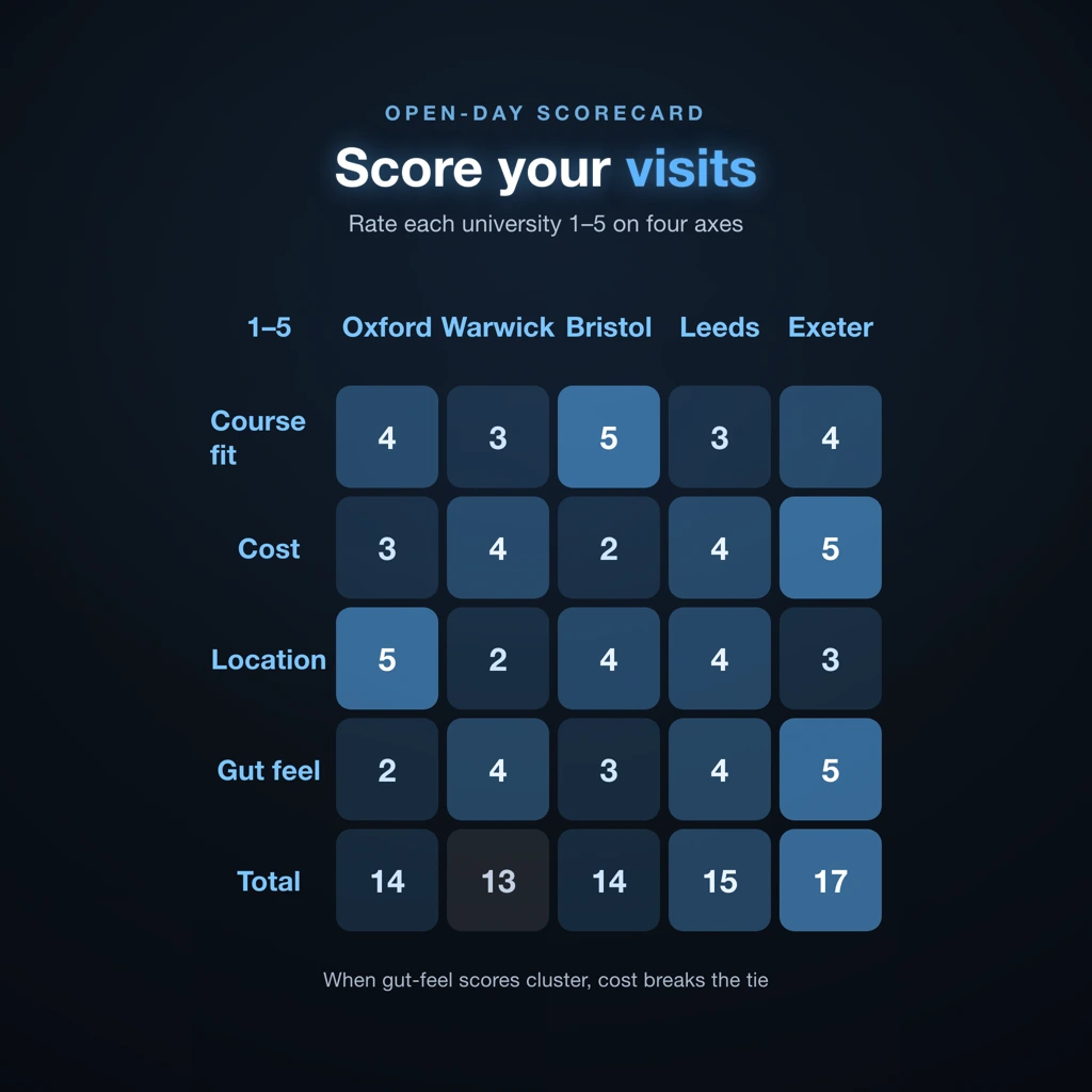 University open days scoring grid comparing five universities across course fit, cost, location and gut feel
