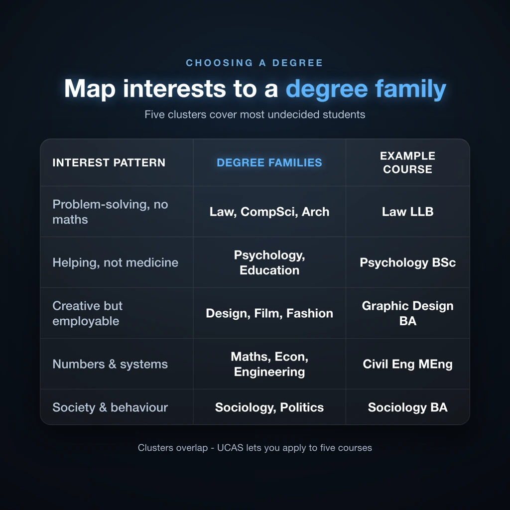 Interest pattern to degree family mapping table for choosing a university degree in the UK